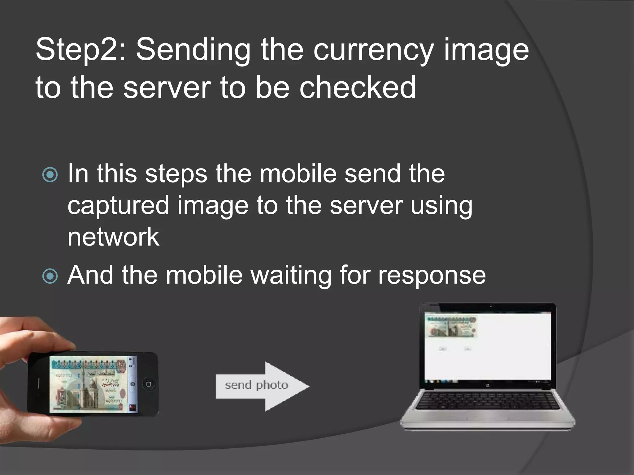 Step2: Sending the currency image
to the server to be checked

 In this steps the mobile send the
  captured image to the server using
  network
 And the mobile waiting for response
 