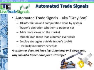 Automated Trade Signals Automated Trade Signals – aka “Grey Box” All information and computation done by system Trader’s discretion whether to trade or not Adds more views on the market Models scan more than a human ever could Employ strategies outside trader’s toolkit Flexibility in trader’s schedule A carpenter does not have just 1 hammer or 1 wood saw, why should a trader have just 1 strategy? 