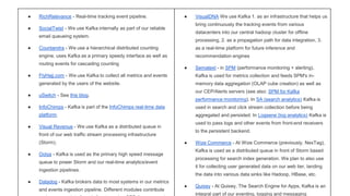 ● RichRelevance - Real-time tracking event pipeline. 
● SocialTwist - We use Kafka internally as part of our reliable 
email queueing system. 
● Countandra - We use a hierarchical distributed counting 
engine, uses Kafka as a primary speedy interface as well as 
routing events for cascading counting 
● FlyHajj.com - We use Kafka to collect all metrics and events 
generated by the users of the website. 
● uSwitch - See this blog. 
● InfoChimps - Kafka is part of the InfoChimps real-time data 
platform. 
● Visual Revenue - We use Kafka as a distributed queue in 
front of our web traffic stream processing infrastructure 
(Storm). 
● Oolya - Kafka is used as the primary high speed message 
queue to power Storm and our real-time analytics/event 
ingestion pipelines. 
● Datadog - Kafka brokers data to most systems in our metrics 
and events ingestion pipeline. Different modules contribute 
and consume data from it, for streaming CEP (homegrown), 
● VisualDNA We use Kafka 1. as an infrastructure that helps us 
bring continuously the tracking events from various 
datacenters into our central hadoop cluster for offline 
processing, 2. as a propagation path for data integration, 3. 
as a real-time platform for future inference and 
recommendation engines 
● Sematext - in SPM (performance monitoring + alerting), 
Kafka is used for metrics collection and feeds SPM's in-memory 
data aggregation (OLAP cube creation) as well as 
our CEP/Alerts servers (see also: SPM for Kafka 
performance monitoring). In SA (search analytics) Kafka is 
used in search and click stream collection before being 
aggregated and persisted. In Logsene (log analytics) Kafka is 
used to pass logs and other events from front-end receivers 
to the persistent backend. 
● Wize Commerce - At Wize Commerce (previously, NexTag), 
Kafka is used as a distributed queue in front of Storm based 
processing for search index generation. We plan to also use 
it for collecting user generated data on our web tier, landing 
the data into various data sinks like Hadoop, HBase, etc. 
● Quixey - At Quixey, The Search Engine for Apps, Kafka is an 
integral part of our eventing, logging and messaging 
 