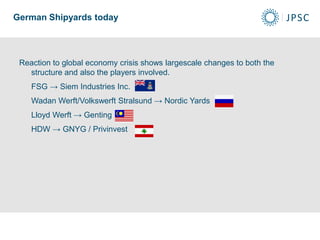 Reaction to global economy crisis shows largescale changes to both the
structure and also the players involved.
FSG → Siem Industries Inc.
Wadan Werft/Volkswerft Stralsund → Nordic Yards
Lloyd Werft → Genting
HDW → GNYG / Privinvest
German Shipyards today
 
