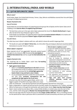 15
What do Qatar's neighbours want?
In return for ending the restrictions, Qatar's
neighbours had presented the 13-point
list of demands to Qatar on 22 June. They
had told the emirate to:
 Curb diplomatic ties with Iran and close
its diplomatic missions.
 Stop all funding for individuals or
organisations designated as terrorists by
Saudi Arabia, the UAE, Egypt, Bahrain, the
United States and other countries.
 Shut down Al Jazeera and other Qatar-
funded news outlets.
 Close a Turkish military base and halt
joint military co-operation inside Qatar.
 End interference in other sovereign
countries' internal affairs.
 Pay reparations and compensation for
loss of life caused by Qatar's policies.
 Align with other Arab countries
militarily, politically, socially and
economically.
2. INTERNATIONAL/INDIA AND WORLD
2.1. QATAR DIPLOMATIC CRISIS
Why in news?
Saudi Arabia, Egypt, the United Arab Emirates, Yemen, Libya, Bahrain and Maldives severed their ties with Qatar,
accusing it of supporting terrorism.
Reason of present crisis
Issue of Terrorism:
Saudi Arabia has accused the Qataris of supporting terrorist groups like al-Qaeda and the Islamic State and of
meddling in the internal affairs of neighbouring Gulf States.
 The fault-lines came out in the open when Qatar welcomed the rise of the Muslim Brotherhood in Egypt
after the fall of the Hosni Mubarak regime in 2011.
 Saudi Arabia accused Qatar of supporting what it described as Iranian-backed militants in its restive and
largely Shi'ite Muslim-populated Eastern region of Qatif and in Bahrain.
Ties with Tehran:
The other key issue is Qatar's relations with Iran, with which it shares the world's largest gas field.
 The Saudis are upset with Qatar’s Tehran ties, at a time when they are trying to rally Sunni countries behind
themselves to counter Tehran’s influence.
What is Qatar's response?
Qatar rejected a list of "non-negotiable" demands, saying it would
not agree to any measures that threatened its sovereignty or
violated international law and has sought to internationalise the
issue.
Impact of present crisis
The Saudi-led bid to isolate Qatar could have far-reaching
economic-political consequences.

 Qatar is an economic powerhouse in the Gulf and hosts
The air war command for the US-led fight against the
Islamic State in Iraq and Syria is also in Qatar.
 So any prolonged attempt to isolate the country would
not only have economic consequences but also
complicate the fight against the IS yet more.
 Oil prices rose after the moves against Qatar, which is the
biggest supplier of liquefied natural gas (LNG) and a major
seller of condensate - a low-density liquid fuel and refining product derived from natural gas.
 Qatar is dependent on imports by land and sea for the basic needs of its population of 2.7 million, and about
40% of its food came in through the land border with Saudi Arabia. Hence, Qatar may face food shortage.
 Qatar's stock market has lost about 10%, or about $15bn (£12bn), in market value since the start of the
crisis, and the credit rating agency Moody's has downgraded Qatar's rating from stable to negative.
 There are also signs that this may be the precursor to a larger conflict with Iran. This is a troubling scenario
for the world and for India in particular with its commitment to build connectivity and shore up oil reserves.
Fight against Islamic State:
the headquarters of the US military’s Central Command.
 