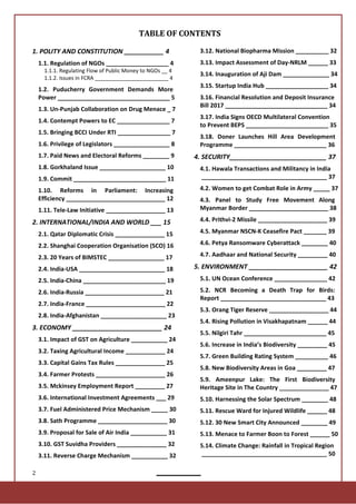 2
TABLE OF CONTENTS
1. POLITY AND CONSTITUTION ___________ 4
1.1. Regulation of NGOs ___________________ 4
1.1.1. Regulating Flow of Public Money to NGOs __ 4
1.1.2. Issues in FCRA _________________________ 4
1.2. Puducherry Government Demands More
Power __________________________________ 5
1.3. Un-Punjab Collaboration on Drug Menace _ 7
1.4. Contempt Powers to EC ________________ 7
1.5. Bringing BCCI Under RTI ________________ 7
1.6. Privilege of Legislators _________________ 8
1.7. Paid News and Electoral Reforms ________ 9
1.8. Gorkhaland Issue ____________________ 10
1.9. Commit ____________________________ 11
1.10. Reforms in Parliament: Increasing
Efficiency ______________________________ 12
1.11. Tele-Law Initiative __________________ 13
2. INTERNATIONAL/INDIA AND WORLD ___ 15
2.1. Qatar Diplomatic Crisis _______________ 15
2.2. Shanghai Cooperation Organisation (SCO) 16
2.3. 20 Years of BIMSTEC _________________ 17
2.4. India-USA __________________________ 18
2.5. India-China _________________________ 19
2.7. India-France ________________________ 22
2.8. India-Afghanistan ____________________ 23
3. ECONOMY _________________________ 24
3.2. Taxing Agricultural Income ____________ 24
3.3. Capital Gains Tax Rules _______________ 25
3.4. Farmer Protests _____________________ 26
3.5. Mckinsey Employment Report _________ 27
3.6. International Investment Agreements ___ 29
3.7. Fuel Administered Price Mechanism _____ 30
3.8. Sath Programme _____________________ 30
3.9. Proposal for Sale of Air India ___________ 31
3.10. GST Suvidha Providers _______________ 32
3.11. Reverse Charge Mechanism ___________ 32
3.12. National Biopharma Mission __________ 32
3.13. Impact Assessment of Day-NRLM ______ 33
3.14. Inauguration of Aji Dam ______________ 34
3.15. Startup India Hub ___________________ 34
3.16. Financial Resolution and Deposit Insurance
Bill 2017 _______________________________ 34
3.17. India Signs OECD Multilateral Convention
to Prevent BEPS _________________________ 35
3.18. Doner Launches Hill Area Development
Programme ____________________________ 36
4.1. Hawala Transactions and Militancy in India
______________________________________ 37
4.3. Panel to Study Free Movement Along
Myanmar Border ________________________ 38
4.4. Prithvi-2 Missile _____________________ 39
4.5. Myanmar NSCN-K Ceasefire Pact _______ 39
4.6. Petya Ransomware Cyberattack ________ 40
4.7. Aadhaar and National Security _________ 40
5. ENVIRONMENT ______________________ 42
5.1. UN Ocean Conference ________________ 42
5.2. NCR Becoming a Death Trap for Birds:
Report ________________________________ 43
5.3. Orang Tiger Reserve __________________ 44
5.4. Rising Pollution in Visakhapatnam ______ 44
5.5. Nilgiri Tahr _________________________ 45
5.6. Increase in India’s Biodiversity _________ 45
5.7. Green Building Rating System __________ 46
5.8. New Biodiversity Areas in Goa _________ 47
5.9. Ameenpur Lake: The First Biodiversity
Heritage Site in The Country _______________ 47
5.10. Harnessing the Solar Spectrum ________ 48
5.11. Rescue Ward for Injured Wildlife ______ 48
5.12. 30 New Smart City Announced ________ 49
5.13. Menace to Farmer Boon to Forest ______ 50
5.14. Climate Change: Rainfall in Tropical Region
______________________________________ 50
2.6. India-Russia ________________________ 21
3.1. Impact of GST on Agriculture ___________ 24
4.2. Women to get Combat Role in Army _____ 37
4. SECURITY___________________________ 37
 