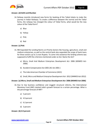 Current Affairs PDF October 2012           Page 42

Answer. (d) Delhi and Mumbai

   14. Railway recently introduced new forms for booking of the Tatkal tickets to make the
       journey in Indian Railways. To create a difference between the normal and the Tatkal
       forms, the railways has changed the colour of Tatkal forms, what would be the new
       colour of the Tatkal form?

          a) Blue

          b) Yellow

          c) Pink

          d) Red

Answer. (c) Pink

   15. RBI Expanded the Lending Norms on Priority Sectors like housing, agriculture, small and
       medium enterprises, as well as the central bank also expanded the scope of bank loans
       for these sectors up to 2 crore Rupees. To come into existence the lending scheme was
       supposed to fulfill the criterions mentioned under an Act. Name the Act?

          a) Micro, Small And Medium Enterprises Development Act- 2006 (MSMED Act-
             2006)

          b) Accident Compensation Act 2001 (AC Act 2001 )

          c) The Indo-American Chamber of Commerce (IACC)

          d) Small, Micro and Medium Enterprise Development Act- 2012 (SMMED Act-2012)

Answer. (a) Micro, Small and Medium Enterprises Development Act- 2006 (MSMED Act-2006)

   16. Due to low business confidence and sluggish structural reforms, the International
       Monetary Fund (IMF) slashed India’s growth forecast to a certain percentage. What is
       the percentage forecast of IMF?

          a) 5 percent

          b) 4.9 percent

          c) 6.2 percent

          d) 3 percent

Answer. (b) 4.9 percent



www.jagranjosh.com                                      Current Affairs PDF October 2012
                                          Page 42
 