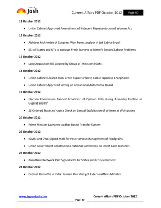 Current Affairs PDF October 2012          Page 80

11 October 2012

   •   Union Cabinet Approved Amendment of Indecent Representation of Women Act

12 October 2012

   •   Abhijeet Mukherjee of Congress Won from Jangipur in Lok Sabha Bypoll

   •   SC: All States and UTs to conduct Fresh Surveys to identify Bonded Labour Problems

16 October 2012

   •   Land Acquisition Bill Cleared By Group of Ministers (GoM)

18 October 2012

   •   Union Cabinet Cleared 4000 Crore Rupees Plan to Tackle Japanese Encephalitis

   •   Union Cabinet Approved setting up of National Automotive Board

19 October 2012

   •   Election Commission Banned Broadcast of Opinion Polls during Assembly Election in
       Gujarat and HP

   •   SC Ordered States to have a Check on Sexual Exploitation of Women at Workplaces

20 October 2012

   •   Prime Minister Launched Aadhar Based Transfer System

25 October 2012

   •   IGMRI and CWC Signed MoU for Post Harvest Management of Foodgrains

   •   Union Government Constituted a National Committee on Direct Cash Transfers

26 October 2012

   •   Broadband Network Pact Signed with 16 States and UT Government

28 October 2012

   •   Cabinet Reshuffle in India: Salman Khurshid got External Affairs Ministry




www.jagranjosh.com                                        Current Affairs PDF October 2012
                                            Page 80
 