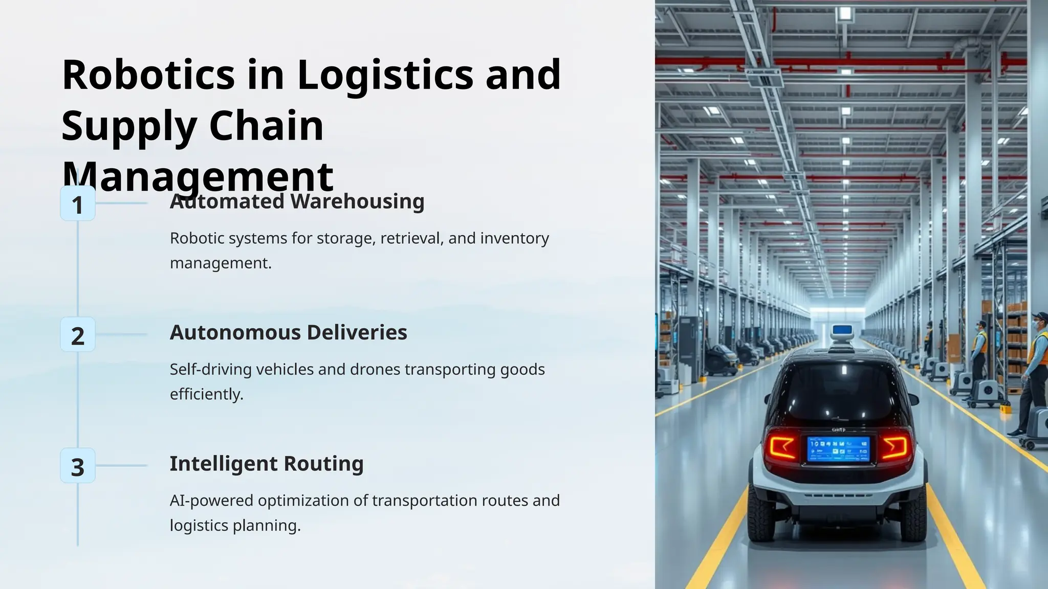 Robotics in Logistics and
Supply Chain
Management
1 Automated Warehousing
Robotic systems for storage, retrieval, and inventory
management.
2 Autonomous Deliveries
Self-driving vehicles and drones transporting goods
efficiently.
3 Intelligent Routing
AI-powered optimization of transportation routes and
logistics planning.
 