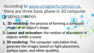 According to www.umagearts.ryerson.ca,
there are three basic phase in 3D computer
graphics creation.
1. 3D modeling- the process of forming a computer
model of an object’s shape
2. Layout and animation- the motion of placement of
objects within a scene
3. 3D rendering- The computer calculation that,
generate the images based on light placement,
surface types, and other qualities.
 