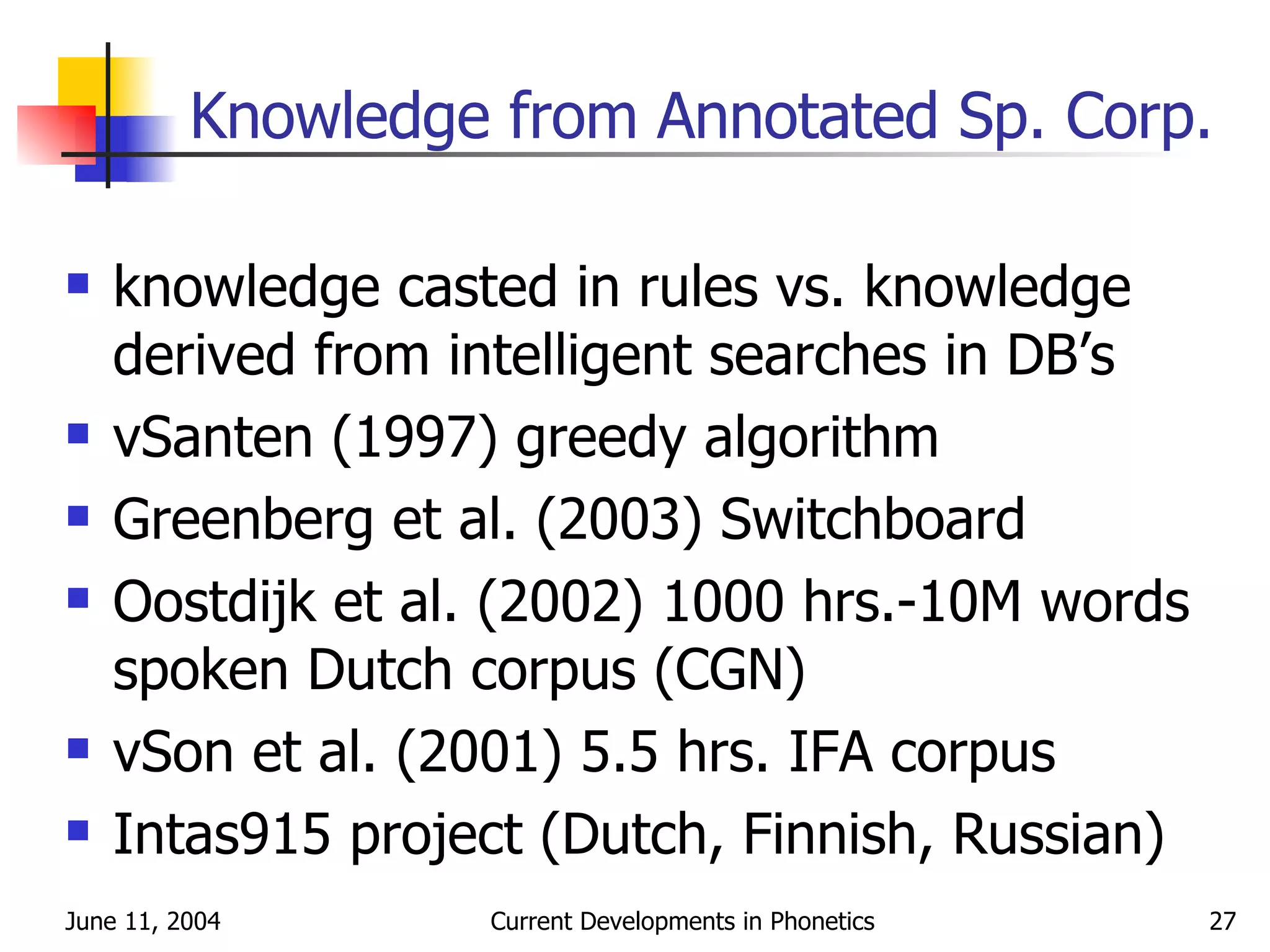 Knowledge from Annotated Sp. Corp. knowledge casted in rules vs. knowledge derived from intelligent searches in DB ’ s vSanten (1997) greedy algorithm Greenberg et al. (2003) Switchboard Oostdijk et al. (2002)  1000 hrs.- 10M words  spoken Dutch corpus ( CGN ) vSon et al. (2001)  5.5 hrs.  IFA corpus Intas915 project (Dutch, Finnish, Russian) 