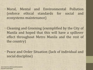 • Moral, Mental and Environmental Pollution
(enforce ethical standards for social and
ecosystems maintenance)
• Cleaning and Greening (exemplified by the City of
Manila and hoped that this will have a spillover
effect throughout Metro Manila and the rest of
the country)
• Peace and Order Situation (lack of individual and
social discipline)
Source:https://www.slideshare.net/J2Gonzales/final-
presentation-project-alugtu-jr
 