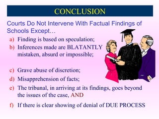Courts Do Not Intervene With Factual Findings of Schools Except… a) Finding is based on speculation; b) Inferences made are BLATANTLY mistaken, absurd or impossible; c) Grave abuse of discretion; d) Misapprehension of facts; e) The tribunal, in arriving at its findings, goes beyond the issues of the case,  AND f) If there is clear showing of denial of DUE PROCESS CONCLUSION 