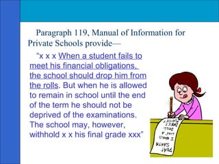Paragraph 119, Manual of Information for Private Schools provide— “ x x x  When a student fails to meet his financial obligations,  the school should drop him from the rolls . But when he is allowed to remain in school until the end of the term he should not be deprived of the examinations. The school may, however, withhold x x his final grade xxx”  