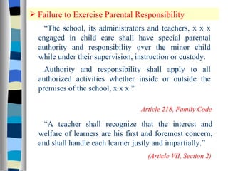 Failure to Exercise Parental Responsibility “ The school, its administrators and teachers, x x x engaged in child care shall have special parental authority and responsibility over the minor child while under their supervision, instruction or custody. Authority and responsibility shall apply to all authorized activities whether inside or outside the premises of the school, x x x.” Article 218, Family Code “ A teacher shall recognize that the interest and welfare of learners are his first and foremost concern, and shall handle each learner justly and impartially.” (Article VII, Section 2) 