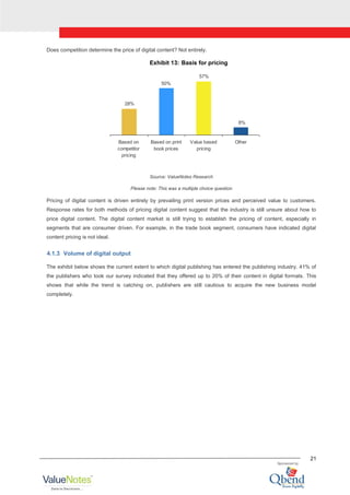 21
Does competition determine the price of digital content? Not entirely.
Exhibit 13: Basis for pricing
28%
50%
57%
8%
Based on
competitor
pricing
Based on print
book prices
Value based
pricing
Other
Source: ValueNotes Research
Please note: This was a multiple choice question
Pricing of digital content is driven entirely by prevailing print version prices and perceived value to customers.
Response rates for both methods of pricing digital content suggest that the industry is still unsure about how to
price digital content. The digital content market is still trying to establish the pricing of content, especially in
segments that are consumer driven. For example, in the trade book segment, consumers have indicated digital
content pricing is not ideal.
4.1.3 Volume of digital output
The exhibit below shows the current extent to which digital publishing has entered the publishing industry. 41% of
the publishers who took our survey indicated that they offered up to 20% of their content in digital formats. This
shows that while the trend is catching on, publishers are still cautious to acquire the new business model
completely.
 