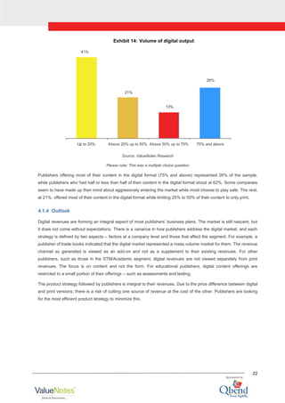 22
Exhibit 14: Volume of digital output
41%
21%
13%
26%
Up to 20% Above 20% up to 50% Above 50% up to 75% 75% and above
Source: ValueNotes Research
Please note: This was a multiple choice question
Publishers offering most of their content in the digital format (75% and above) represented 26% of the sample,
while publishers who had half or less than half of their content in the digital format stood at 62%. Some companies
seem to have made up their mind about aggressively entering the market while most choose to play safe. The rest,
at 21%, offered most of their content in the digital format while limiting 25% to 50% of their content to only print.
4.1.4 Outlook
Digital revenues are forming an integral aspect of most publishers‟ business plans. The market is still nascent, but
it does not come without expectations. There is a variance in how publishers address the digital market, and each
strategy is defined by two aspects – factors at a company level and those that affect the segment. For example, a
publisher of trade books indicated that the digital market represented a mass volume market for them. The revenue
channel so generated is viewed as an add-on and not as a supplement to their existing revenues. For other
publishers, such as those in the STM/Academic segment, digital revenues are not viewed separately from print
revenues. The focus is on content and not the form. For educational publishers, digital content offerings are
restricted to a small portion of their offerings – such as assessments and testing.
The product strategy followed by publishers is integral to their revenues. Due to the price difference between digital
and print versions, there is a risk of cutting one source of revenue at the cost of the other. Publishers are looking
for the most efficient product strategy to minimize this.
 