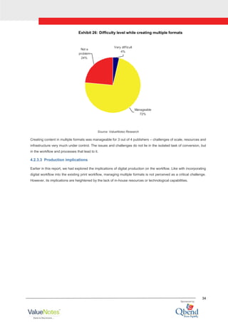 34
Exhibit 26: Difficulty level while creating multiple formats
Very difficult
4%
Manageable
72%
Not a
problem
24%
Source: ValueNotes Research
Creating content in multiple formats was manageable for 3 out of 4 publishers – challenges of scale, resources and
infrastructure very much under control. The issues and challenges do not lie in the isolated task of conversion, but
in the workflow and processes that lead to it.
4.2.3.3 Production implications
Earlier in this report, we had explored the implications of digital production on the workflow. Like with incorporating
digital workflow into the existing print workflow, managing multiple formats is not perceived as a critical challenge.
However, its implications are heightened by the lack of in-house resources or technological capabilities.
 
