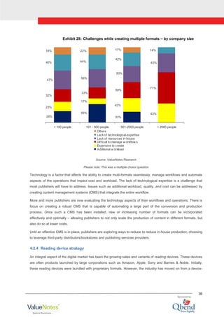 36
Exhibit 28: Challenges while creating multiple formats – by company size
28%
56%
33%
23%
17%
42%
43%
32%
33%
50%
71%
47%
56%
50%
43%
40% 44%
42%
14%
18% 22% 17%
< 100 people 101 - 500 people 501-2000 people > 2000 people
Others
Lack of technological expertise
Lack of resources in-house
Difficult to manage w orkflow s
Expensive to create
Additional w orkload
Source: ValueNotes Research
Please note: This was a multiple choice question
Technology is a factor that affects the ability to create multi-formats seamlessly, manage workflows and automate
aspects of the operations that impact cost and workload. The lack of technological expertise is a challenge that
most publishers will have to address. Issues such as additional workload, quality, and cost can be addressed by
creating content management systems (CMS) that integrate the entire workflow.
More and more publishers are now evaluating the technology aspects of their workflows and operations. There is
focus on creating a robust CMS that is capable of automating a large part of the conversion and production
process. Once such a CMS has been installed, new or increasing number of formats can be incorporated
effectively and optimally – allowing publishers to not only scale the production of content in different formats, but
also do so at lower costs.
Until an effective CMS is in place, publishers are exploring ways to reduce to reduce in-house production, choosing
to leverage third-party distributors/bookstores and publishing services providers.
4.2.4 Reading device strategy
An integral aspect of the digital market has been the growing sales and variants of reading devices. These devices
are often products launched by large corporations such as Amazon, Apple, Sony and Barnes & Noble. Initially,
these reading devices were bundled with proprietary formats. However, the industry has moved on from a device-
 