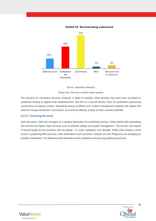42
Exhibit 34: Services being outsourced
25%
55%
83%
5% 8%
Editorial Layout Composition
and
Typesetting
Conversions Other Not sure w hat
to outsource
Source: ValueNotes Research
Please note: This was a multiple choice question
The demand for conversion services, however, is likely to subside. Initial stimulus may have been provided by
publishers looking to digitize their backlist/archive. But this is a one-off activity. Even for publishers outsourcing
conversions of existing content, developing strong workflows and content management systems will replace the
need for manual intervention. Conversion, as a service offering, is likely to have a shorter shelf-life.
4.2.5.3 Sourcing the work
Over the years, India has emerged as a leading destination for publishing services. What started with typesetting
has evolved into higher value services such as editorial, design and project management. The country now boasts
of several large service providers that are global – in scale, operations and clientele. While India remains a front
runner in publishing BPO services, other destinations such as China, Vietnam and the Philippines are emerging as
possible contenders. The following chart illustrates where publishers are sourcing publishing services.
 