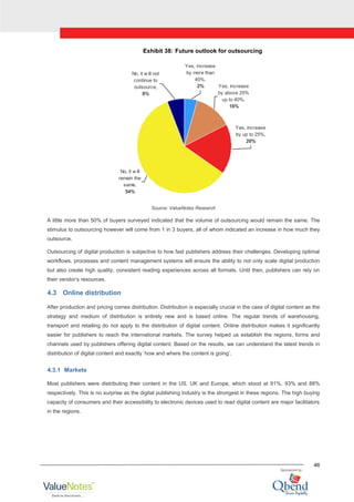46
Exhibit 38: Future outlook for outsourcing
Yes, increase
by more than
40%,
2% Yes, increase
by above 25%
up to 40%,
16%
Yes, increase
by up to 25%,
20%
No, it w ill
remain the
same,
54%
No, it w ill not
continue to
outsource,
8%
Source: ValueNotes Research
A little more than 50% of buyers surveyed indicated that the volume of outsourcing would remain the same. The
stimulus to outsourcing however will come from 1 in 3 buyers, all of whom indicated an increase in how much they
outsource.
Outsourcing of digital production is subjective to how fast publishers address their challenges. Developing optimal
workflows, processes and content management systems will ensure the ability to not only scale digital production
but also create high quality, consistent reading experiences across all formats. Until then, publishers can rely on
their vendor‟s resources.
4.3 Online distribution
After production and pricing comes distribution. Distribution is especially crucial in the case of digital content as the
strategy and medium of distribution is entirely new and is based online. The regular trends of warehousing,
transport and retailing do not apply to the distribution of digital content. Online distribution makes it significantly
easier for publishers to reach the international markets. The survey helped us establish the regions, forms and
channels used by publishers offering digital content. Based on the results, we can understand the latest trends in
distribution of digital content and exactly „how and where the content is going‟.
4.3.1 Markets
Most publishers were distributing their content in the US, UK and Europe, which stood at 91%, 93% and 88%
respectively. This is no surprise as the digital publishing industry is the strongest in these regions. The high buying
capacity of consumers and their accessibility to electronic devices used to read digital content are major facilitators
in the regions.
 