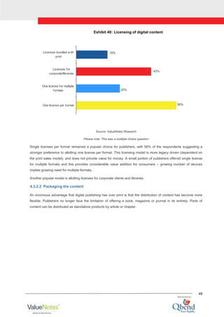 48
Exhibit 40: Licensing of digital content
56%
25%
42%
18%
One license per format
One license for multiple
formats
Licenses for
corporate/libraries
Licenses bundled w ith
print
Source: ValueNotes Research
Please note: This was a multiple choice question
Single licenses per format remained a popular choice for publishers, with 56% of the respondents suggesting a
stronger preference to allotting one license per format. This licensing model is more legacy driven (dependent on
the print sales model), and does not provide value for money. A small portion of publishers offered single license
for multiple formats and this provides considerable value addition for consumers – growing number of devices
implies growing need for multiple formats.
Another popular model is allotting licenses for corporate clients and libraries.
4.3.2.2 Packaging the content
An enormous advantage that digital publishing has over print is that the distribution of content has become more
flexible. Publishers no longer face the limitation of offering a book, magazine or journal in its entirety. Parts of
content can be distributed as standalone products by article or chapter.
 