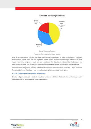 58
Exhibit 50: Developing bookstores
Used third
party
developers
42%
Not sure
38%
Done in-
house
20%
Source: ValueNotes Research
Please note: This was a multiple choice question
42% of our respondents indicated that they used third-party developers to build the bookstore. Third-party
developers are experts in the field and negate the need to burden the company‟s existing IT infrastructure which
may or may not be competent enough to create a bookstore. 1 in 5 publishers indicated that the bookstore had
been created in-house. This could signify that larger companies were capable of undertaking such an exercise.
There also exists a significant portion of publishers who remained unsure about how to develop a digital bookstore.
These included a mix of publishers who were still evaluating the mechanics of creating one.
4.3.4.3 Challenges while creating a bookstore
Creating a digital bookstore is a relatively unexplored territory for publishers. We tried to find out the most prevalent
challenges faced by publishers while creating a bookstore.
 