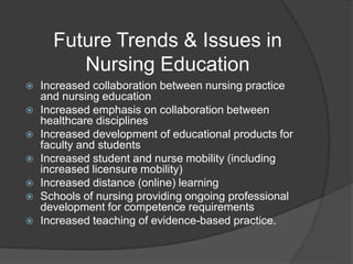 Future Trends & Issues in
Nursing Education
 Increased collaboration between nursing practice
and nursing education
 Increased emphasis on collaboration between
healthcare disciplines
 Increased development of educational products for
faculty and students
 Increased student and nurse mobility (including
increased licensure mobility)
 Increased distance (online) learning
 Schools of nursing providing ongoing professional
development for competence requirements
 Increased teaching of evidence-based practice.
 