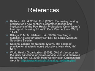 References
 Bellack , J.P., & O’Neil, E.H. (2000). Recreating nursing
practice for a new century: Recommendations and
implications of the Pew Health Professions Commission’s
final report. Nursing & Health Care Perspectives, 21(1),
14-21.
 Billings, D.M. & Halstead, J.A. (2009). Teaching in
nursing: A guide for faculty (3rd Ed). St. Louis, Missouri:
Saunders Elsevier.
 National League for Nursing. (2007). The scope of
practice for academic nurse educators. New York, NY:
NLN.
 World Health Organization. (2009). Global standards for
the initial education for professional nurses and midwives.
Retrieved April 12, 2010, from World Health Organization
website: http://www.who.int/hrh/nursing_midwifery/en/
 