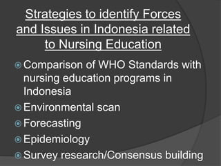 Strategies to identify Forces
and Issues in Indonesia related
to Nursing Education
 Comparison of WHO Standards with
nursing education programs in
Indonesia
 Environmental scan
 Forecasting
 Epidemiology
 Survey research/Consensus building
 