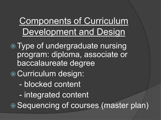 Components of Curriculum
Development and Design
 Type of undergraduate nursing
program: diploma, associate or
baccalaureate degree
 Curriculum design:
- blocked content
- integrated content
 Sequencing of courses (master plan)
 