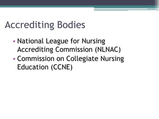 Accrediting Bodies
• National League for Nursing
Accrediting Commission (NLNAC)
• Commission on Collegiate Nursing
Education (CCNE)
 