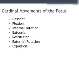 Cardinal Movements of the Fetus
• Descent
• Flexion
• Internal rotation
• Extension
• Restitution
• External Rotation
• Expulsion
 