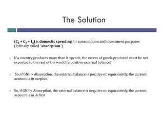 The Solution
(Cd + Gd + Id) is domestic spending for consumption and investment purposes
(formally called "absorption").
If a country produces more than it spends, the excess of goods produced must be net
exported to the rest of the world (a positive external balance)
So, if GNP > Absorption, the external balance is positive or, equivalently, the current
account is in surplus.
So, if GNP < Absorption, the external balance is negative or, equivalently, the current
account is in deficit

 
