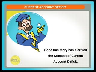 CURRENT ACCOUNT DEFICIT
CURRENT ACCOUNT DEFICIT
Let us see the formula of the Current Account Balance (CAB)
CAB = X - M + NI + NCT
X = Exports of goods and services
M = Imports of goods and services
NI = Net income abroad [Salaries paid or received,
credit / debit of income from
FII & FDI etc. ]
NCT = Net current transfers

[Workers' Remittances

Hope this story has clarified
(unilateral),

Donations, Aids &
Official, Assistance and

the Concept of Current
Grants,
Account Pensions etc]
Deficit.

 