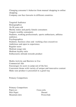 Changing consumer’s behavior from manual shopping to online
shopping.
Company can face lawsuits in different countries.
Targeted Audience
Demographics
16-30 years old
Mainly males and partly female consumers
Targets wealthy consumers
Students, working professionals, sports enthusiasts, athletes
audience.
Psychographics
Students, business class and working class executives
Ambitious and open to experience.
Regular users
Medium usage rate
Medium loyalty ratio
Enthusiastic attitude towards product
Media Activity and Barriers to Use
Commercial Ads
Encourages its users to jump out of the box
Consistent theme with variety of unique and innovative content
Make sure product is presented in a good way
Primary Competitors
Primary Competitors
Pepsi-co: Coca-cola
Diet Pepsi Dasani
Mountain dew PowerAde
 