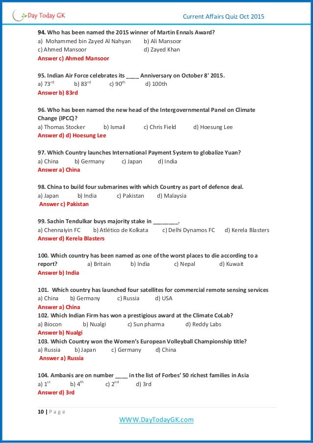 Current affairs quiz pdf october 2015 by daytodaygk