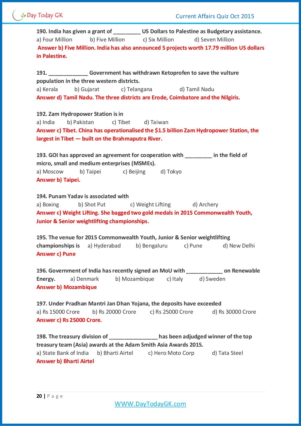 Current affairs quiz pdf october 2015 by daytodaygk