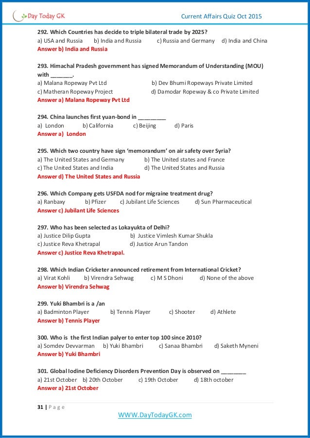Current Affairs Quiz Pdf (october 2015) By