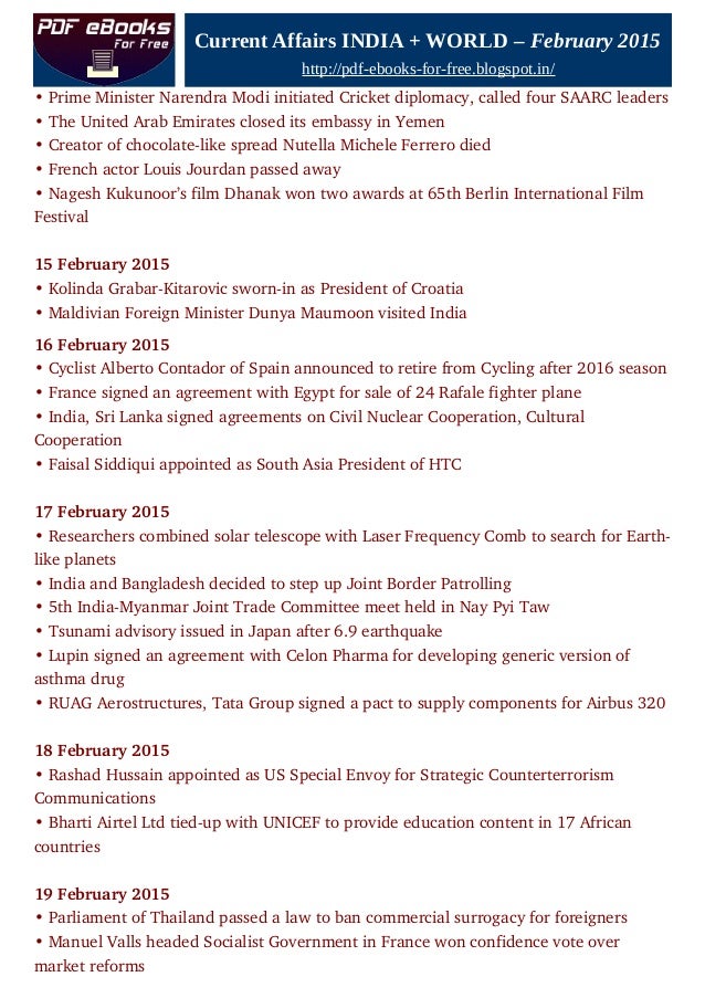 Current affairs India and World, February 2015