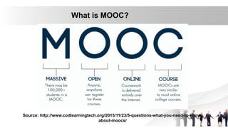 What is MOOC?
Source: http://www.codlearningtech.org/2015/11/23/5-questions-what-you-need-to-know-
about-moocs/
 