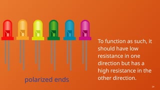24
To function as such, it
should have low
resistance in one
direction but has a
high resistance in the
other direction.
polarized ends
 