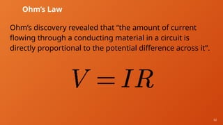 52
Ohm’s Law
Ohm’s discovery revealed that “the amount of current
flowing through a conducting material in a circuit is
directly proportional to the potential difference across it”.
 