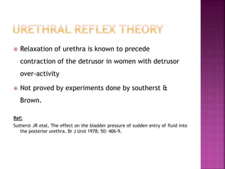 Relaxation of urethra is known to precede
contraction of the detrusor in women with detrusor
over-activity
 Not proved by experiments done by southerst &
Brown.
Ref:
Sutherst JR etal, The effect on the bladder pressure of sudden entry of fluid into
the posterior urethra. Br J Urol 1978; 50: 406-9.
 