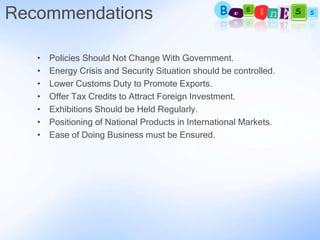 Recommendations

   •   Policies Should Not Change With Government.
   •   Energy Crisis and Security Situation should be controlled.
   •   Lower Customs Duty to Promote Exports.
   •   Offer Tax Credits to Attract Foreign Investment.
   •   Exhibitions Should be Held Regularly.
   •   Positioning of National Products in International Markets.
   •   Ease of Doing Business must be Ensured.
 