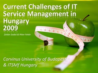 Current Challenges of IT
Service Management in
Hungary
2009
Zoltán Szabó & Péter Fehér




Corvinus University of Budapest
& ITSMf Hungary
 