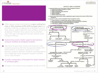 18

Other options include (not limited to): surgery utilizing face
mask or SGA anesthesia (LMA, ILMA, laryngeal tube), local
anesthesia inﬁltration or regional nerve blockade. Pursuit of
these options usually implies that mask ventilation will not be
problematic. Therefore, these options may be of limited
value if this step in the algorithm has been reached via the
Emergency Pathway.	

Invasive airway access includes surgical or percutaneous
airway, jet ventilation, & retrograde intubation.	

Alternative DI approaches include (not limited to): videoassisted laryngoscopy, alternative laryngoscope blades, SGA
(LMA, ILMA) as an intubation conduit (w/ or w/out
ﬁberoptic guidance), ﬁberoptic intubation, intubating stylet or
tube changer, light wand, retrograde intubation, and blind
oral or nasal intubation.	

Consider re-preparation of the patient for awake intubation
or canceling surgery.	

Emergency non-invasive airway ventilation consists of a SGA.
Anesthesiology 2013 118:251-70.

 