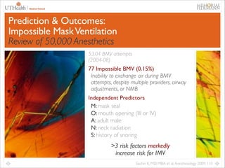 21

Prediction & Outcomes:
Impossible Mask Ventilation
Review of 50,000 Anesthetics
53,04 BMV attempts	

(2004-08)	


77 Impossible BMV (0.15%)	

Inability to exchange air during BMV
attempts, despite multiple providers, airway
adjustments, or NMB	

Independent Predictors	

M: mask seal	

O: mouth opening (III or IV)	

A: adult male	

N: neck radiation	

S: history of snoring	


>3 risk factors markedly	

increase risk for IMV	

Sachin K, MD, MBA et al. Anesthesiology 2009; 110

 