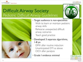 51

Difﬁcult Airway Society

Pediatric Difﬁcult Airway Guidelines
‣

Target audience is non-specialists	

- Wish to learn or maintain pediatric
airway skills	

- Rehearse unexpected difficult
airway scenarios	

- Teach good practice	


‣

Developed 3 separate algorithms,
1-8 yo	

- DMV after routine induction	

- Unanticipated DTI as above	

- CICV after paralysis	


‣

Grade I evidence minimal	


 