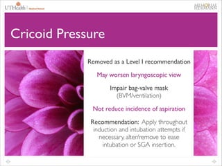 65

Cricoid Pressure
Removed as a Level I recommendation	

May worsen laryngoscopic view	

Impair bag-valve mask
(BVM/ventilation)	

Not reduce incidence of aspiration	

Recommendation: Apply throughout
induction and intubation attempts if
necessary, alter/remove to ease
intubation or SGA insertion.

 