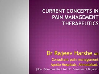 Dr Rajeev Harshe MD
Consultant pain management
Apollo Hospitals, Ahmadabad.
(Hon. Pain consultant to H.E. Governor of Gujarat)
 
