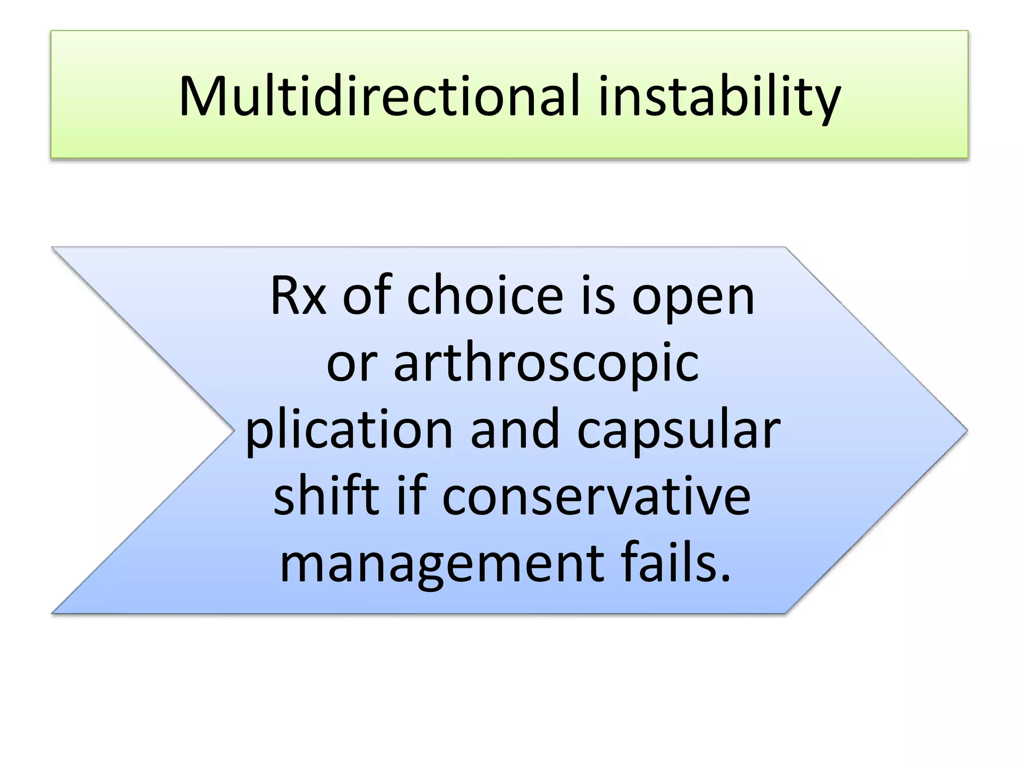 Multidirectional instability
Rx of choice is open
or arthroscopic
plication and capsular
shift if conservative
management fails.
 