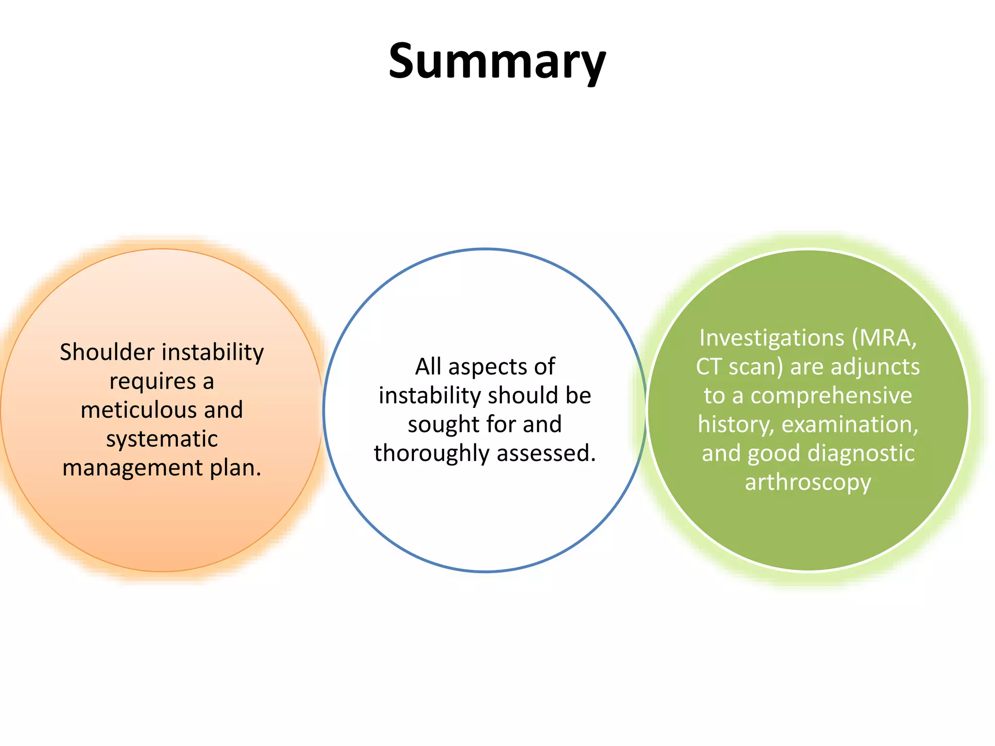 Summary
Shoulder instability
requires a
meticulous and
systematic
management plan.
All aspects of
instability should be
sought for and
thoroughly assessed.
Investigations (MRA,
CT scan) are adjuncts
to a comprehensive
history, examination,
and good diagnostic
arthroscopy
 