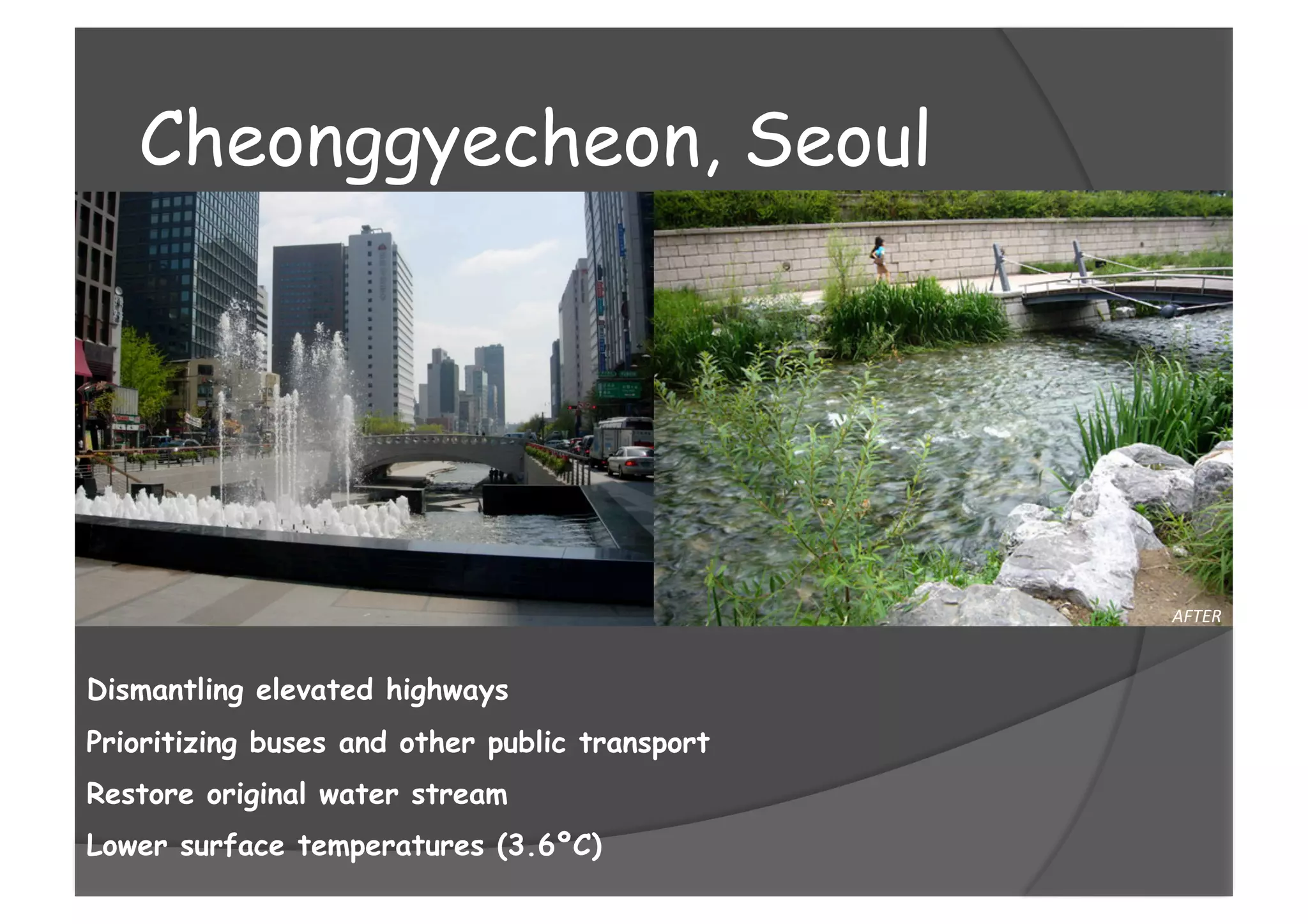 Dismantling elevated highways
Prioritizing buses and other public transport
Restore original water stream
Lower surface temperatures (3.6ºC)
AFTER 
Cheonggyecheon, Seoul
 